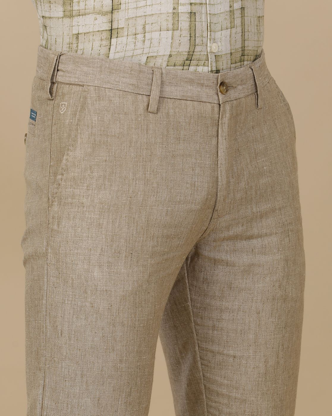 Linen Club Men's Linen Beige Solid Contemporary Fit Casual Trouser