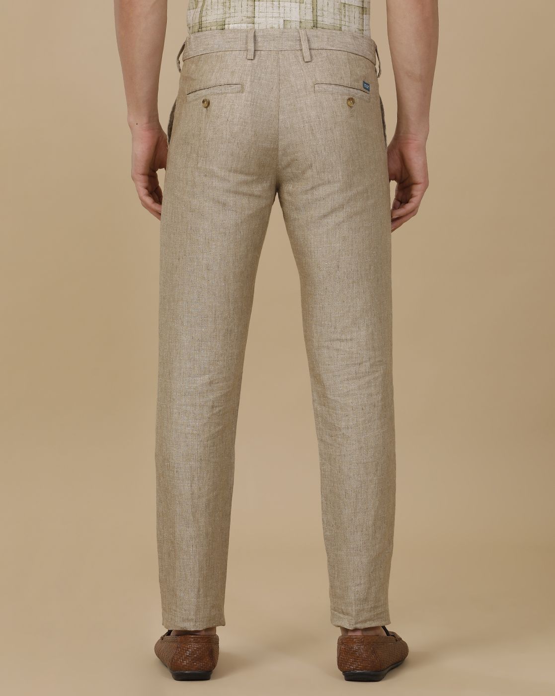Linen Club Men's Linen Beige Solid Contemporary Fit Casual Trouser