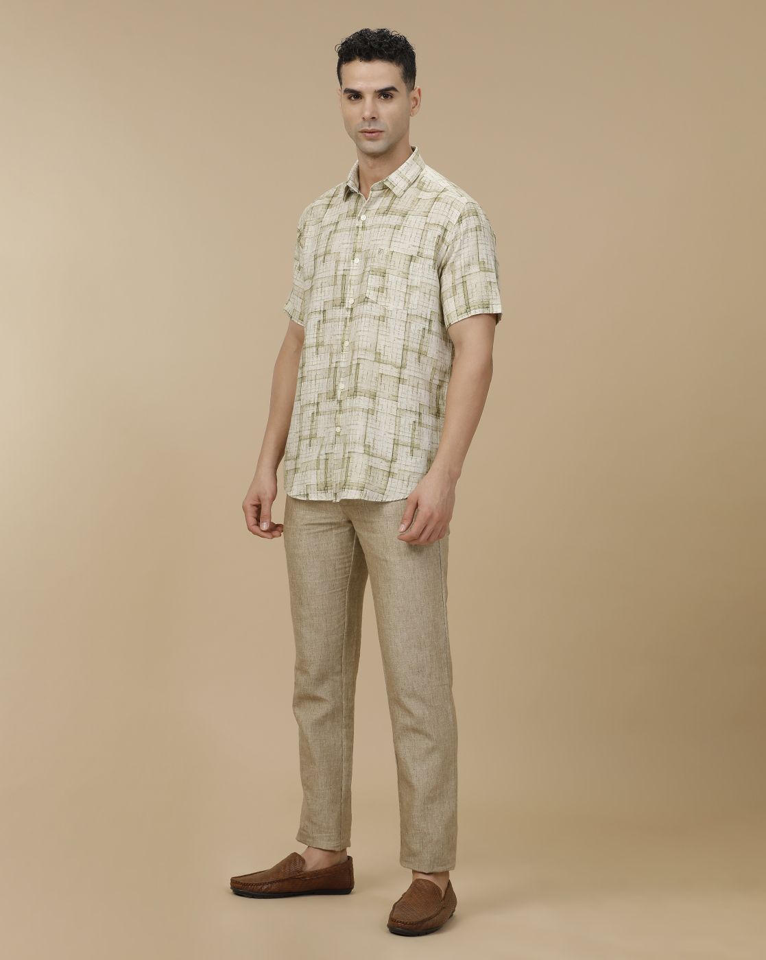 Linen Club Men's Linen Beige Solid Contemporary Fit Casual Trouser