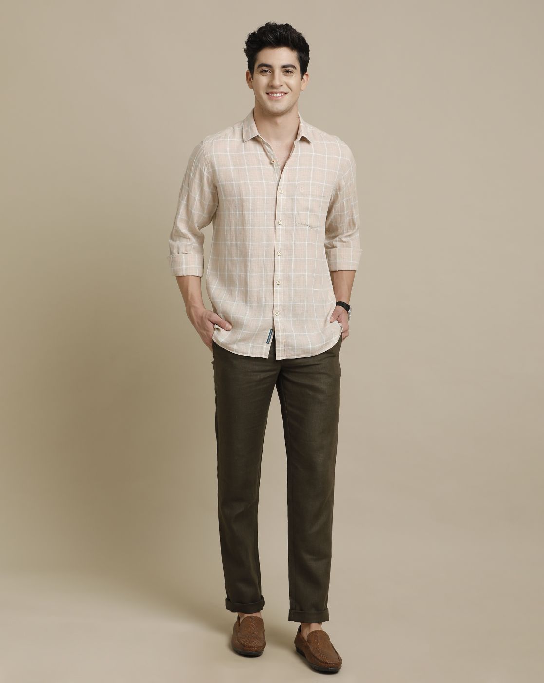 Linen Club Brown Solid  Casual Trouser for men