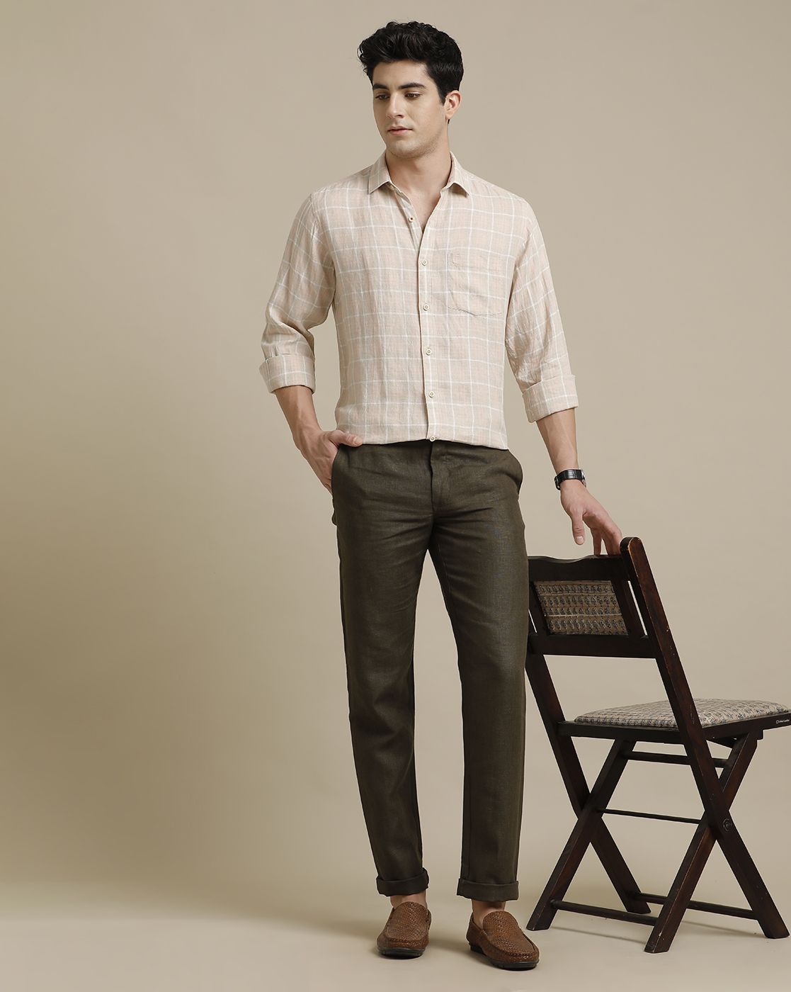 Linen Club Brown Solid  Casual Trouser for men