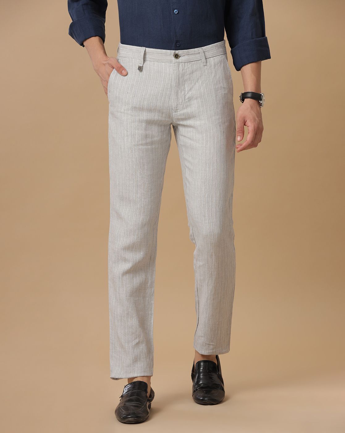 Linen Club Pure Linen Beige Striped Casual Trouser For Men