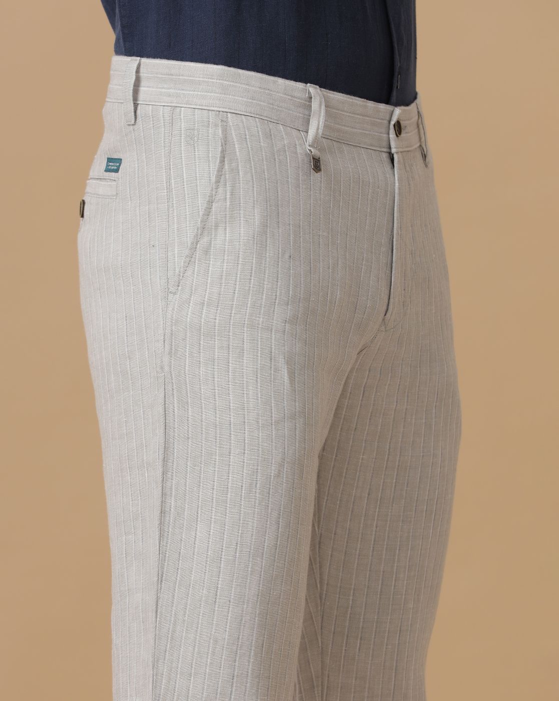 Linen Club Pure Linen Beige Striped Casual Trouser For Men