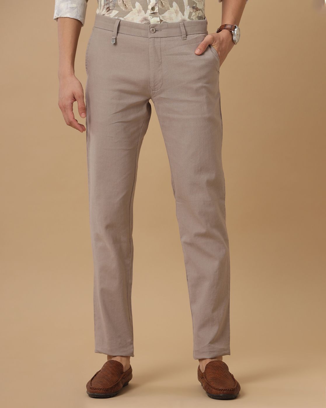 Linen Club Pure Linen Brown Solid Casual Trouser For Men