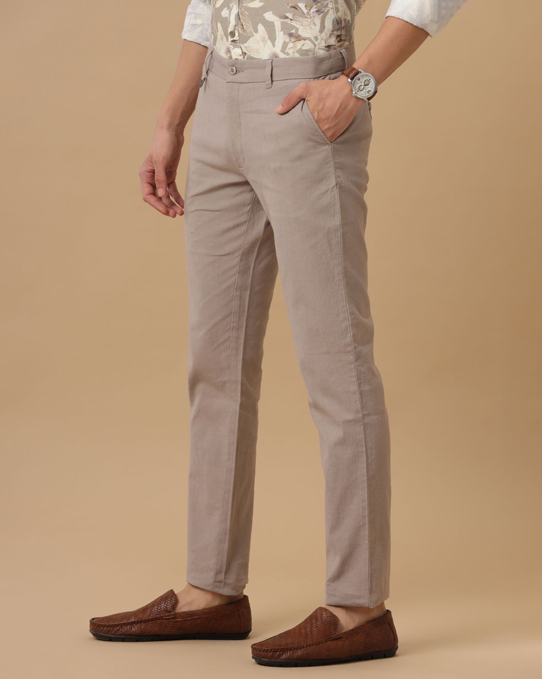 Linen Club Pure Linen Brown Solid Casual Trouser For Men