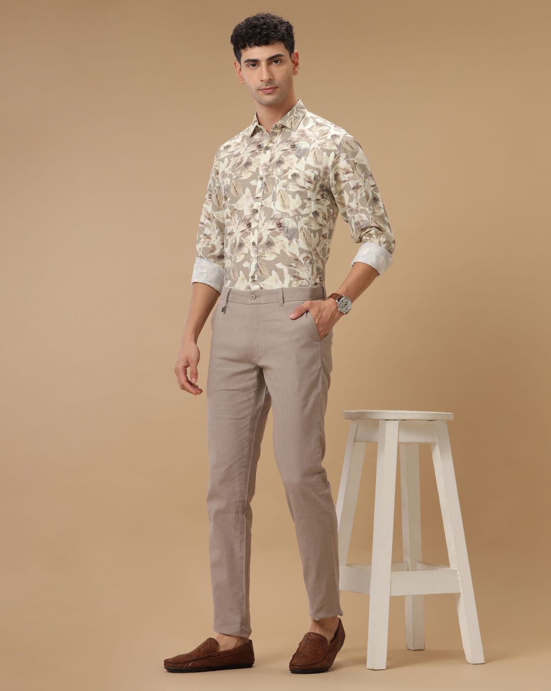 Linen Club Pure Linen Brown Solid Casual Trouser For Men