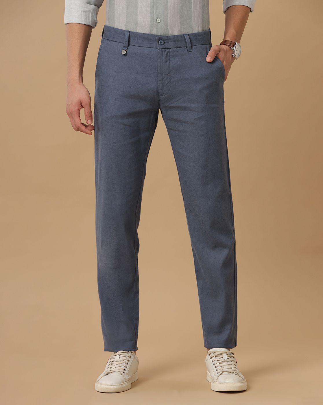 Linen Club Pure Linen Blue Solid Casual Trouser For Men