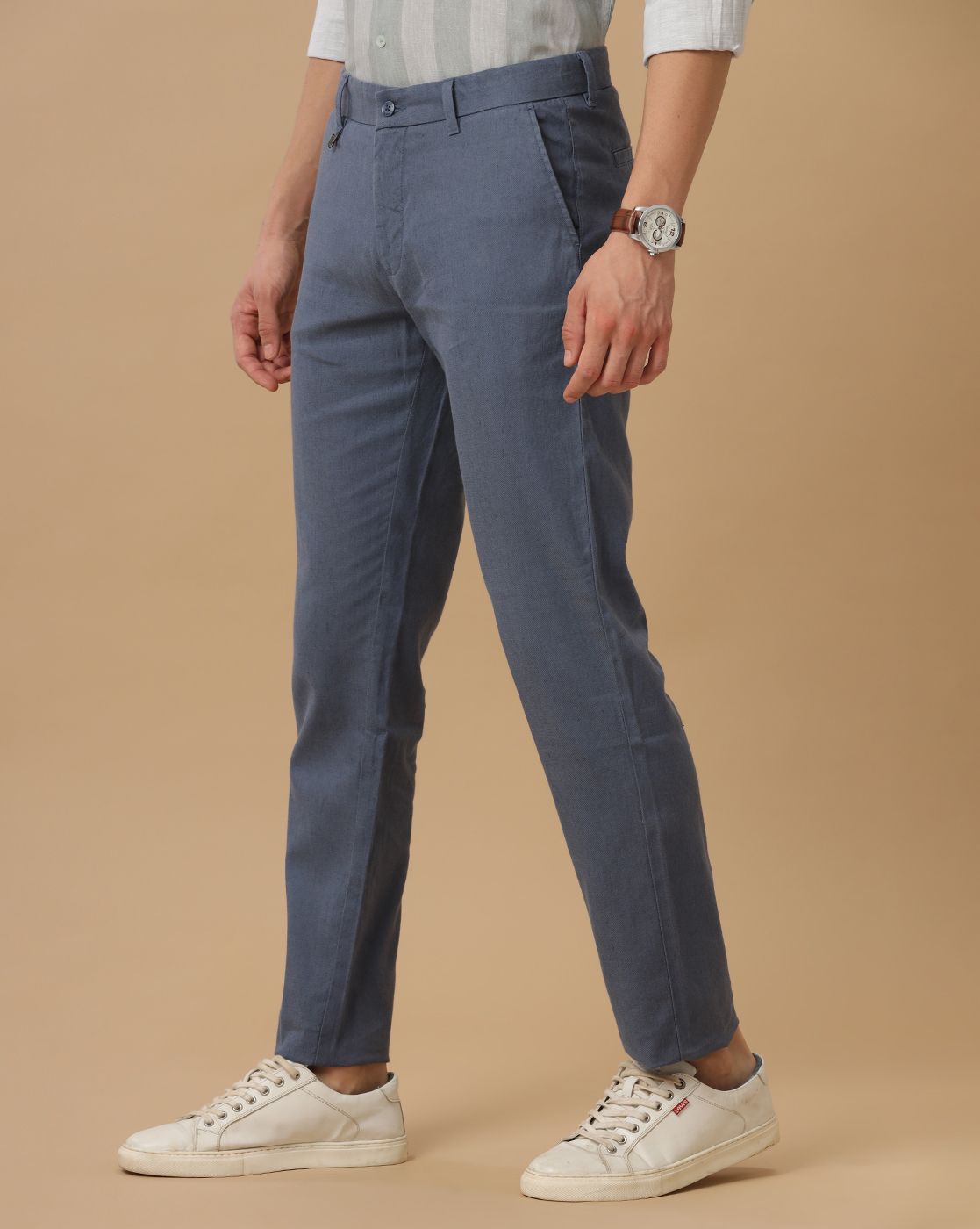 Linen Club Pure Linen Blue Solid Casual Trouser For Men