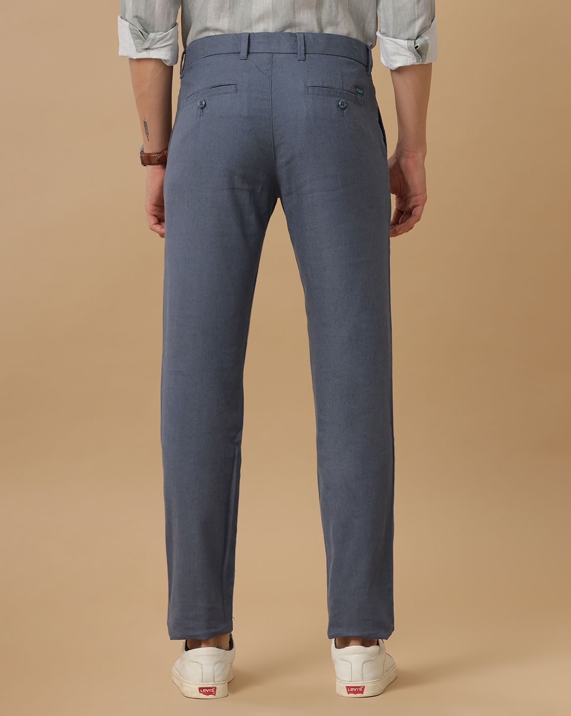 Linen Club Pure Linen Blue Solid Casual Trouser For Men