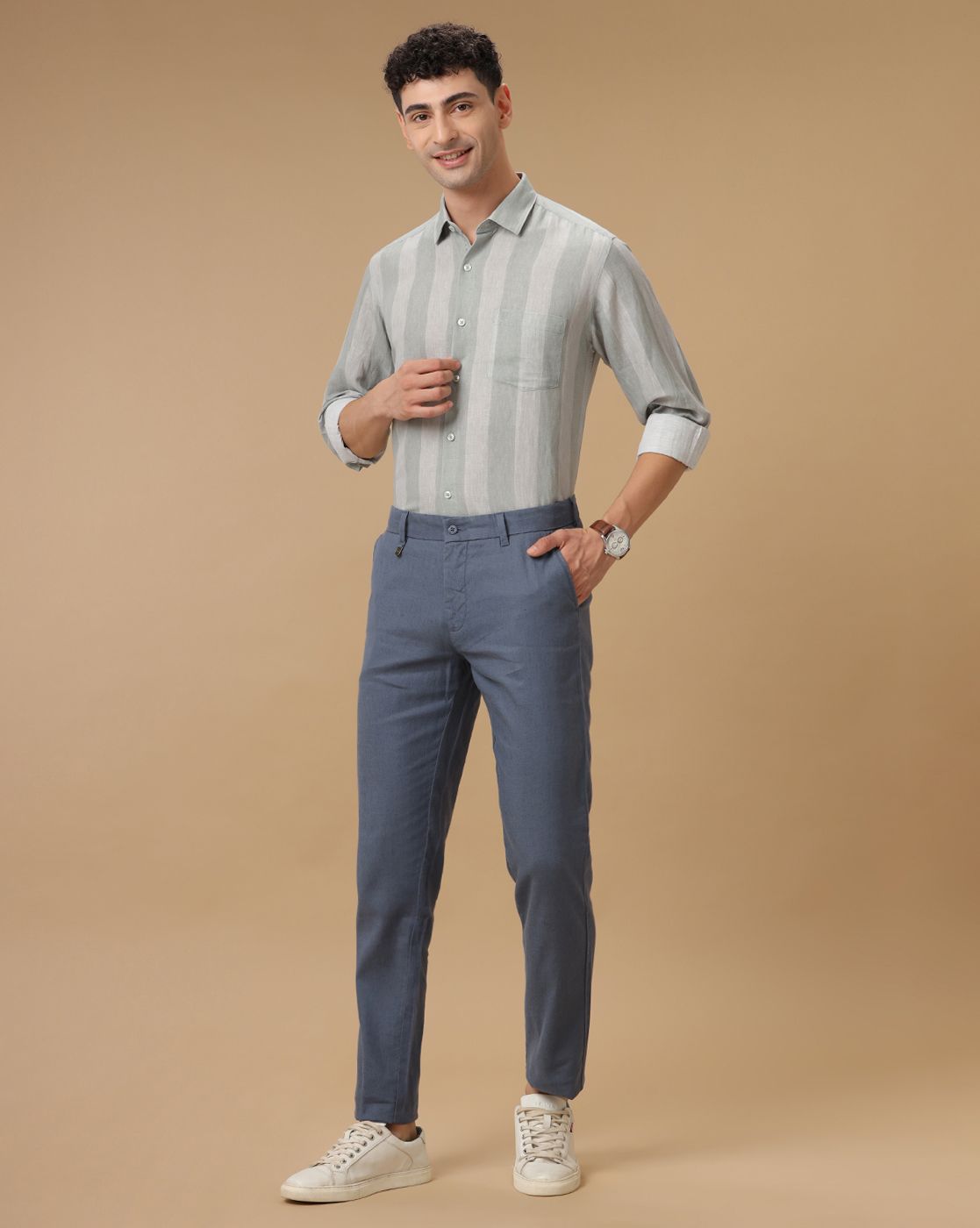 Linen Club Pure Linen Blue Solid Casual Trouser For Men