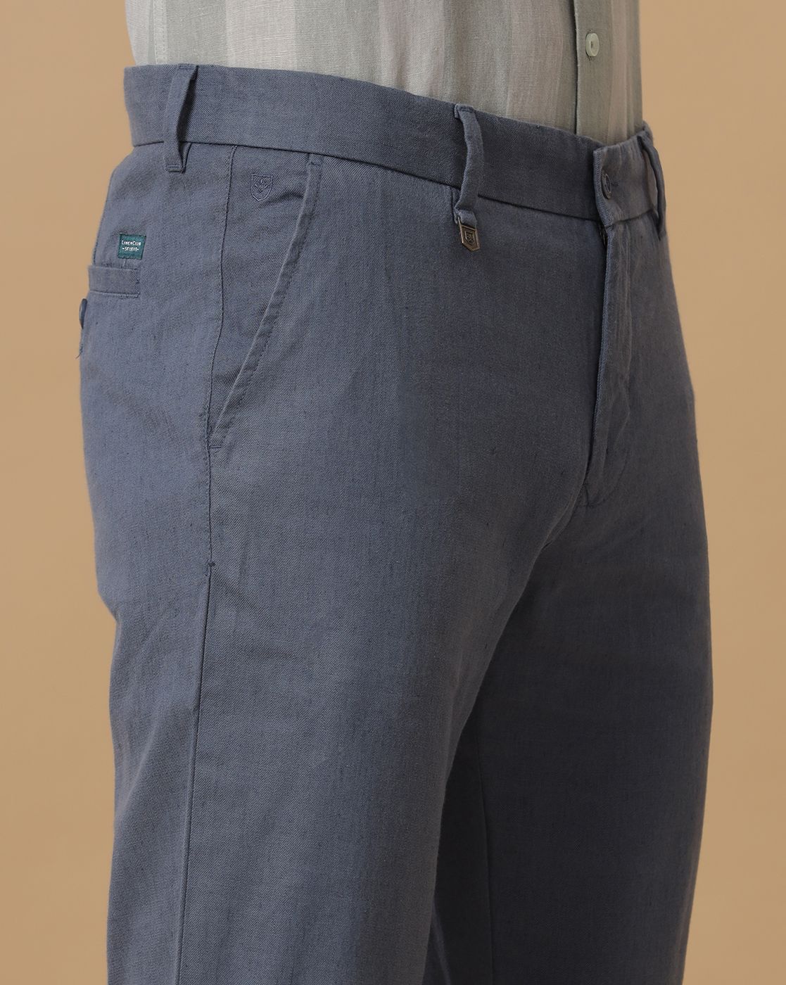 Linen Club Pure Linen Blue Solid Casual Trouser For Men