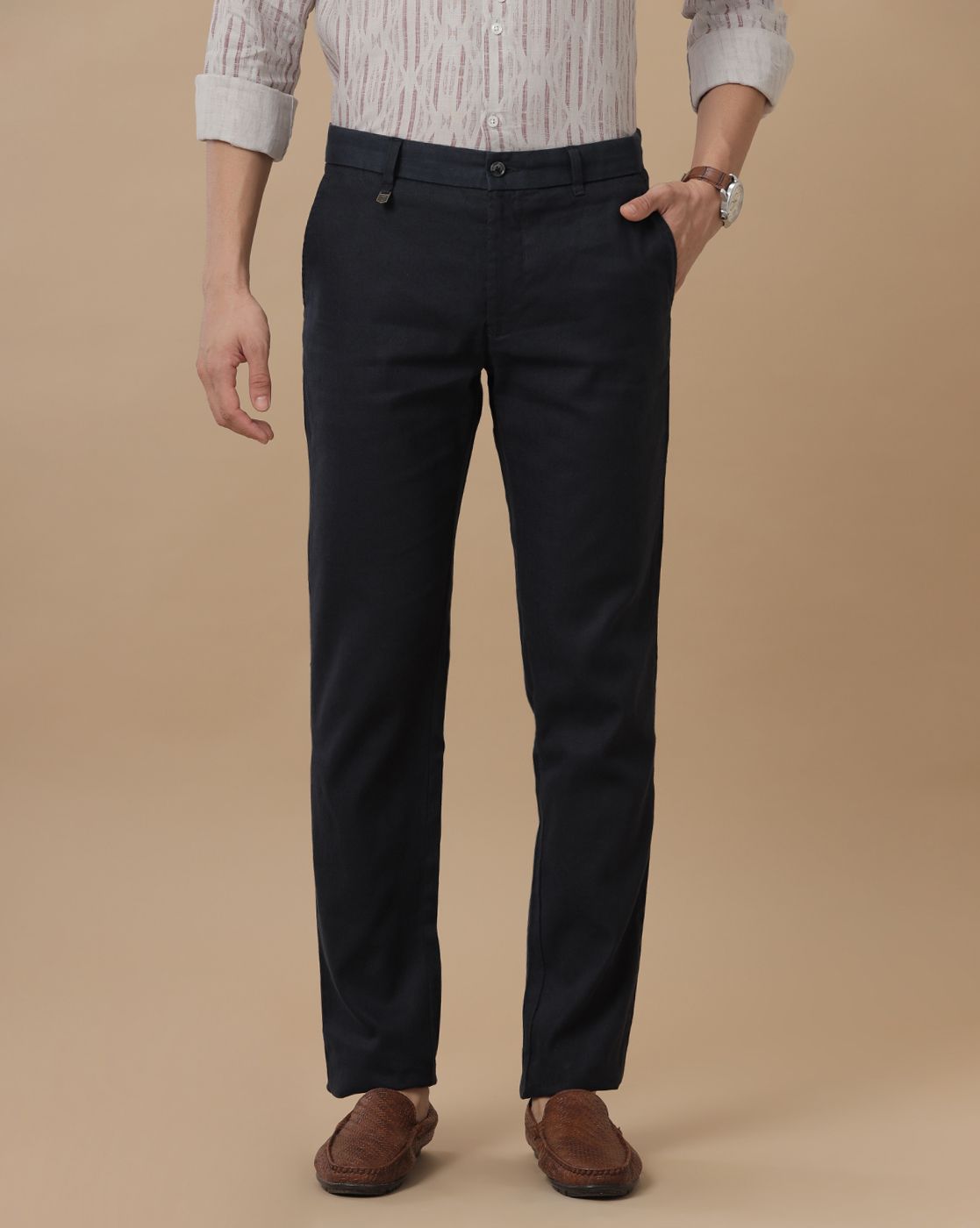 Linen Club Pure Linen Blue Solid Casual Trouser For Men