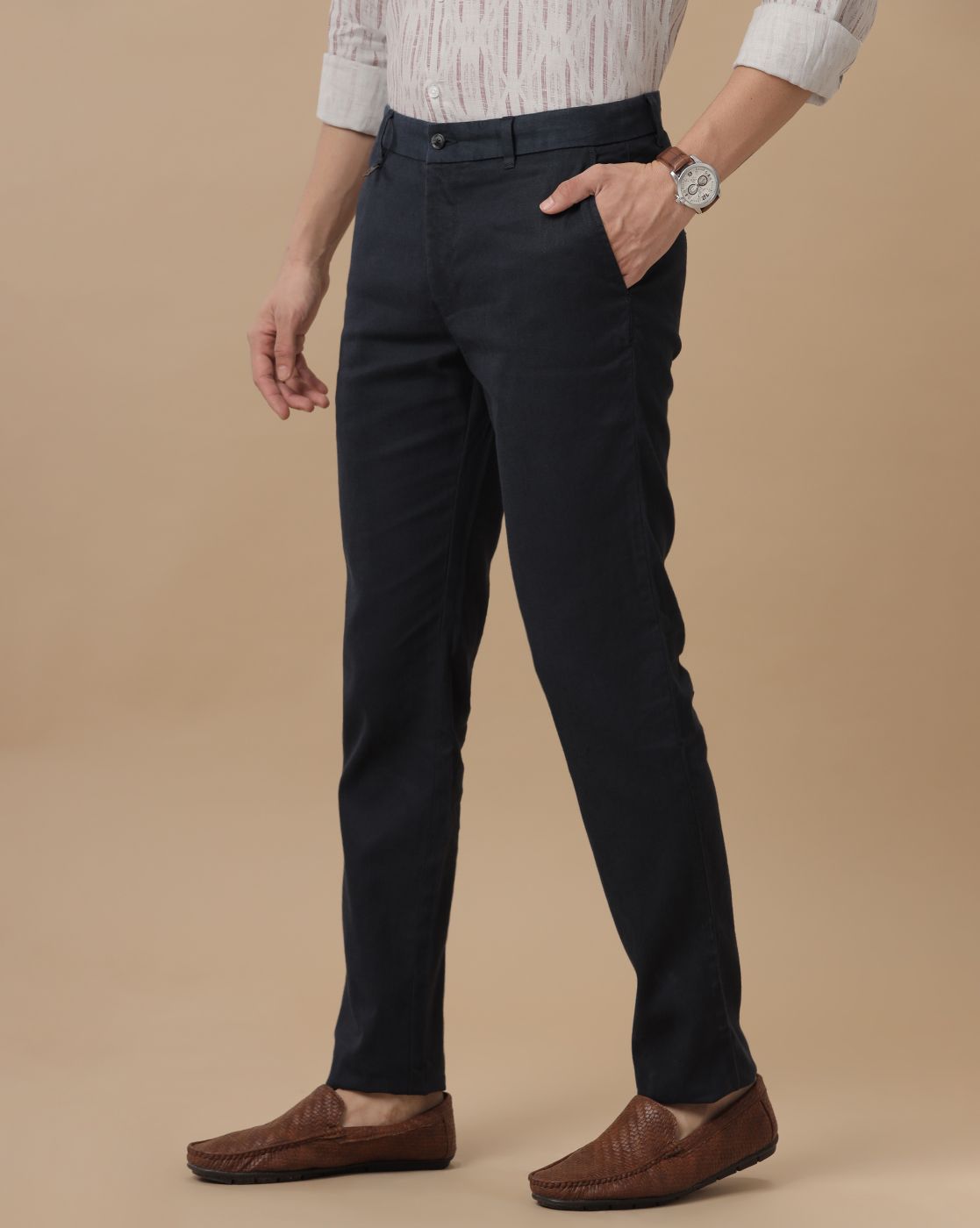 Linen Club Pure Linen Blue Solid Casual Trouser For Men