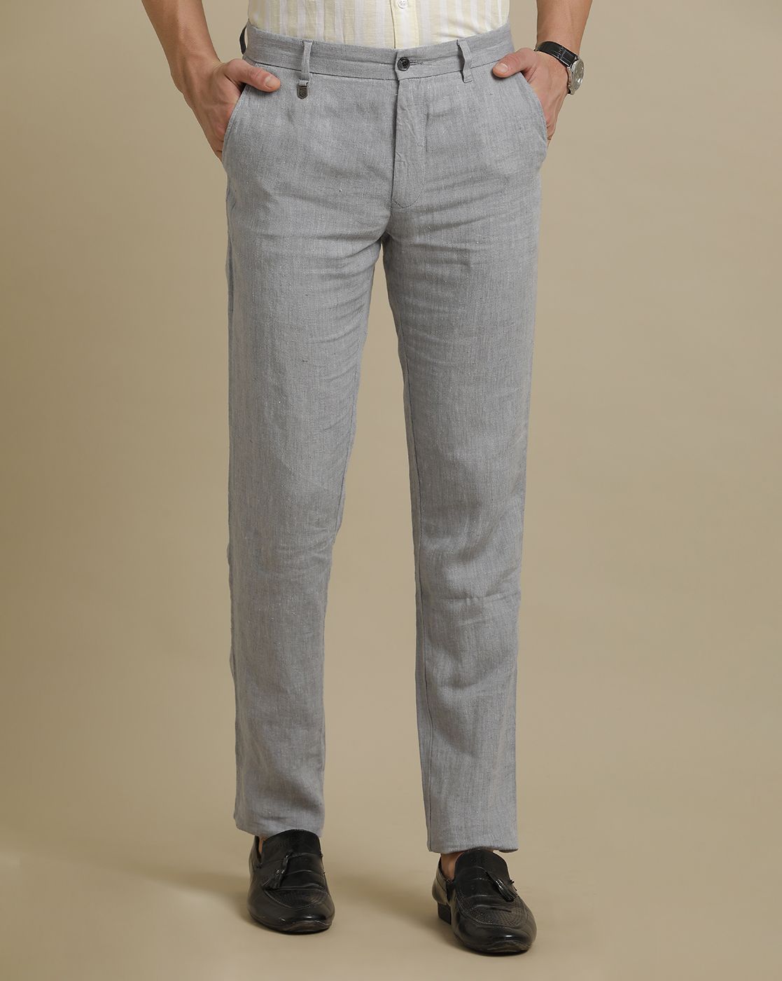 Linen Club Grey Solid  Casual Trouser for men