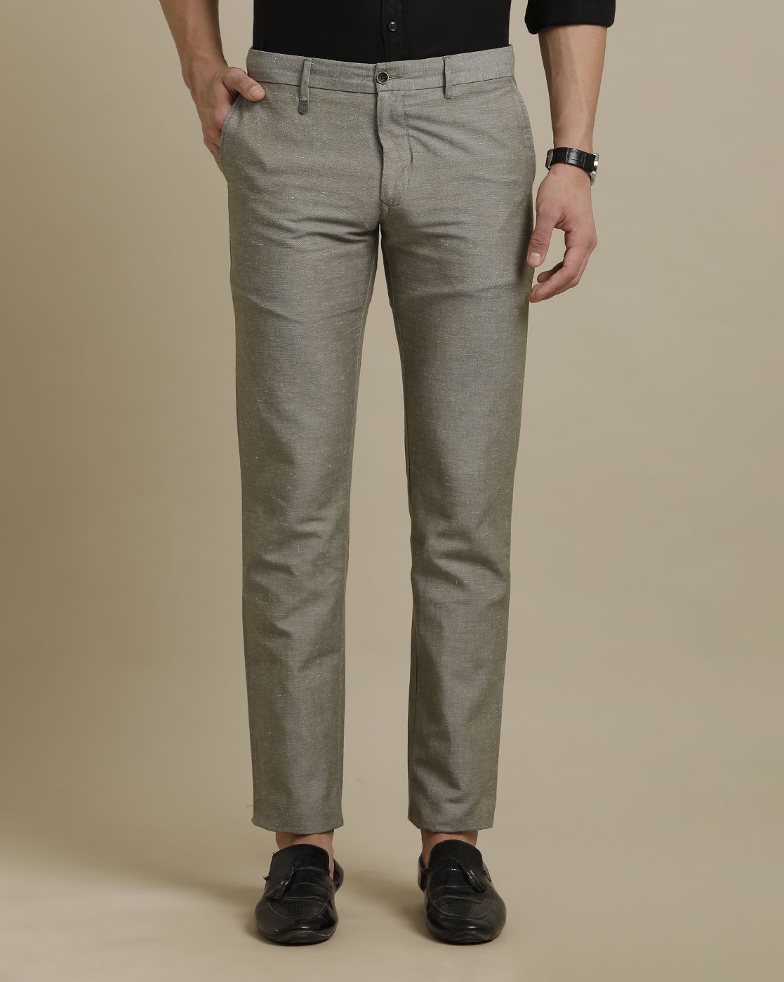 Linen Club Olive Solid  Casual Trouser for men