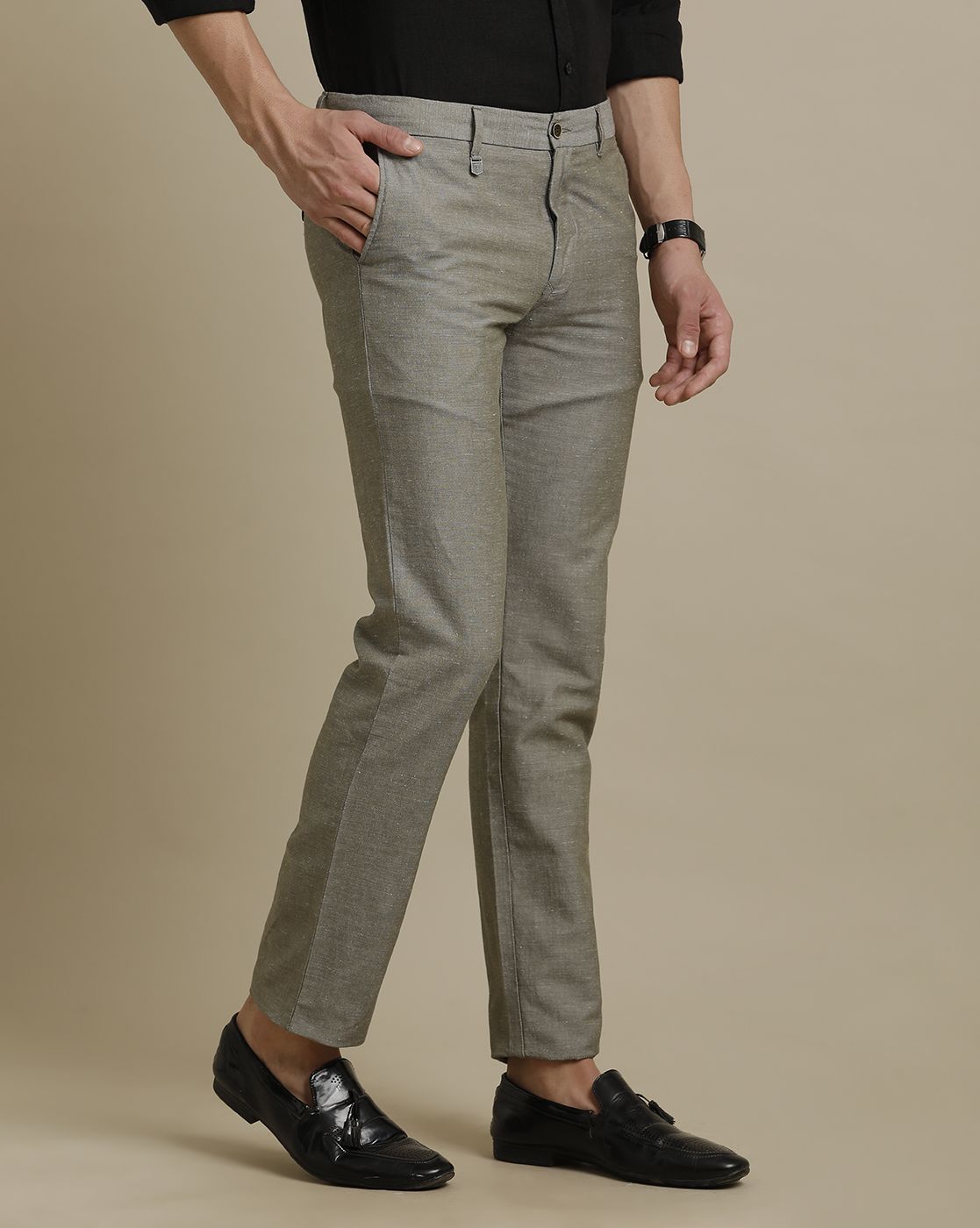 Linen Club Olive Solid  Casual Trouser for men