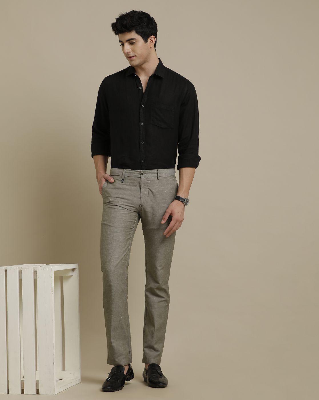 Linen Club Olive Solid  Casual Trouser for men