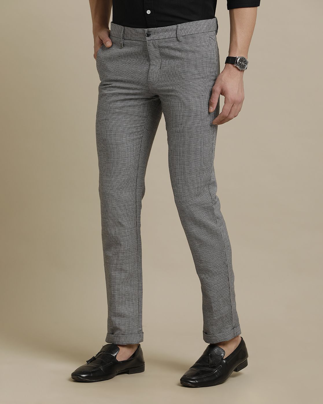 Linen Club Grey Solid  Casual Trouser for men