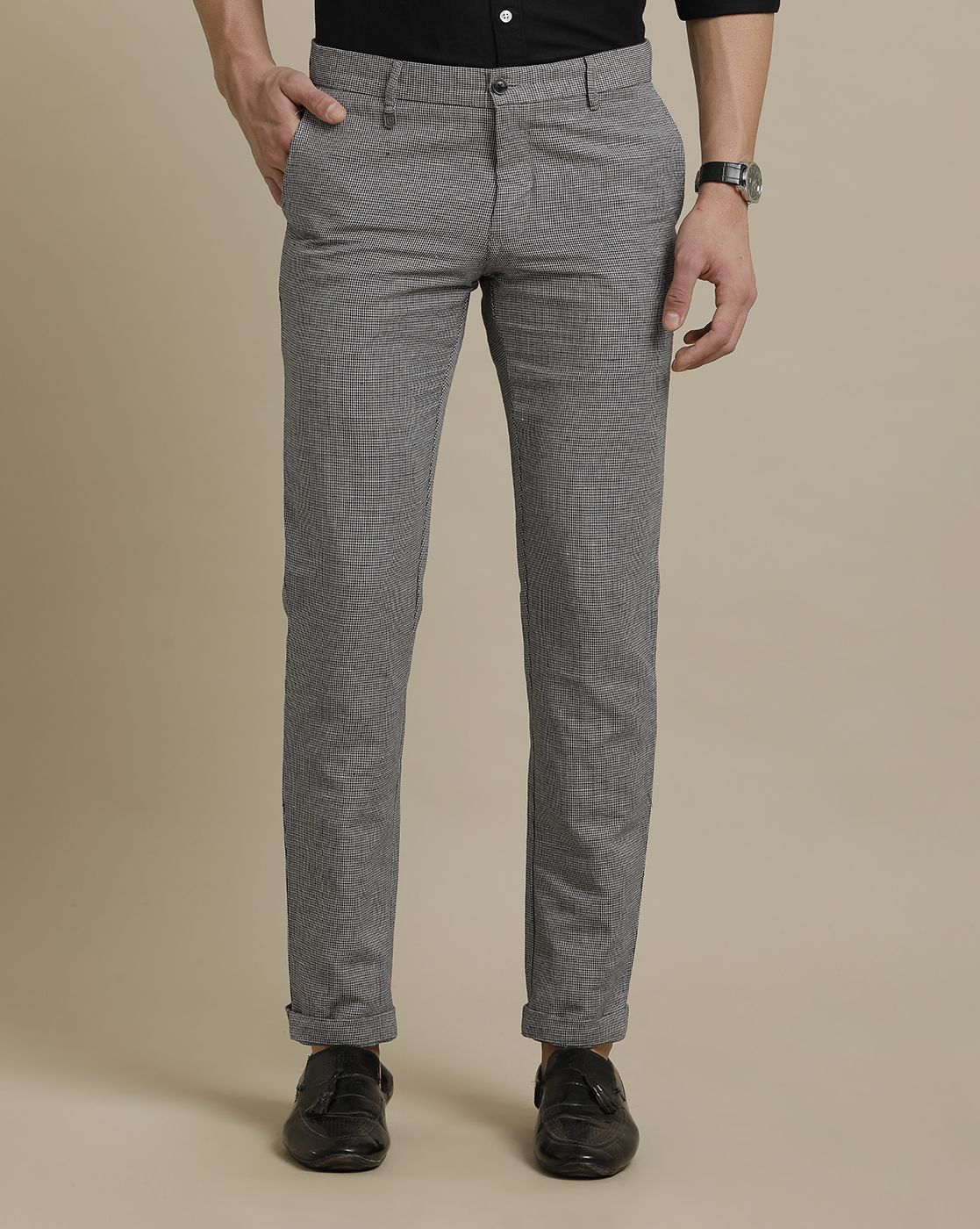 Linen Club Grey Solid  Casual Trouser for men