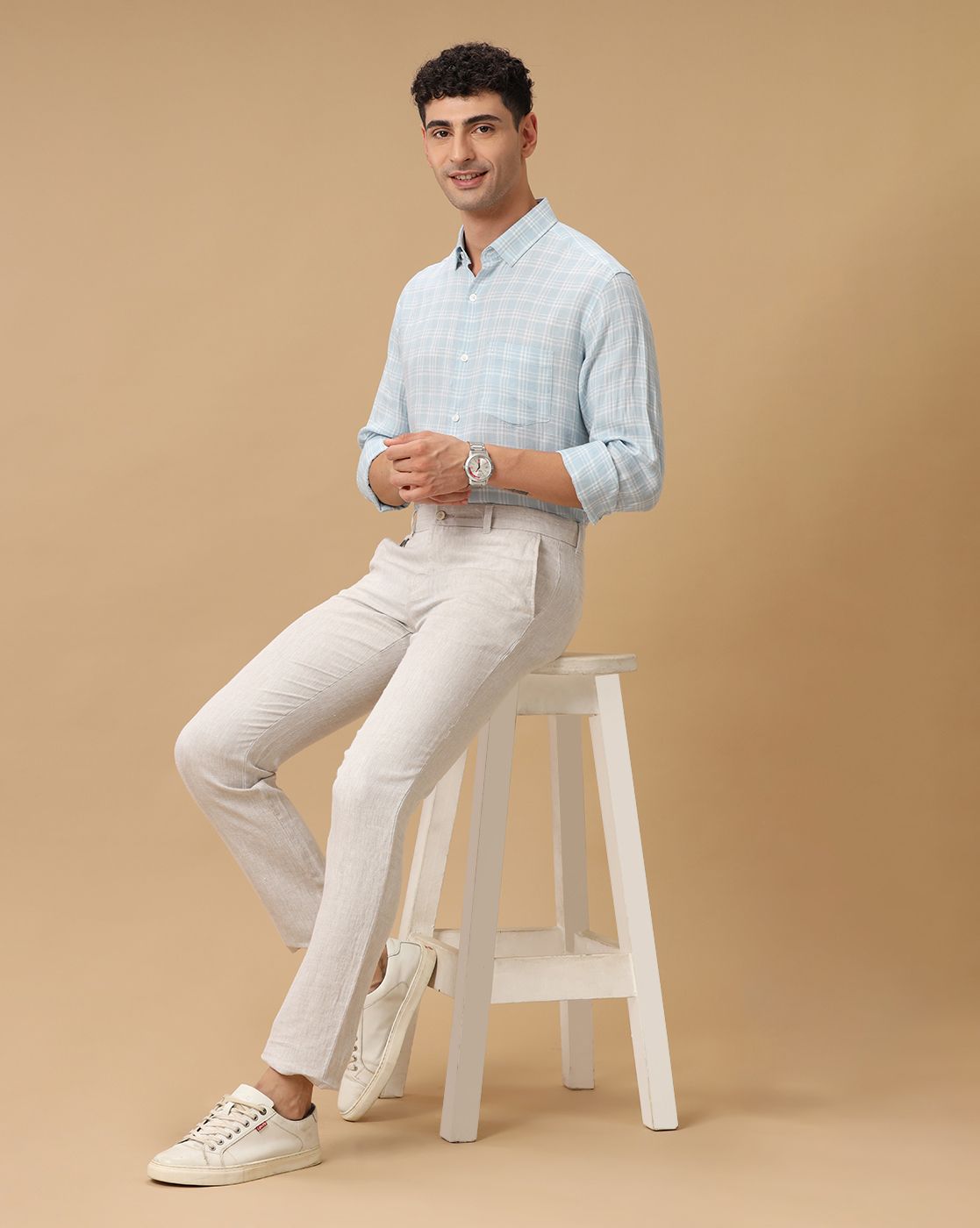 Linen Club Pure Linen Beige Solid Casual Trouser For Men