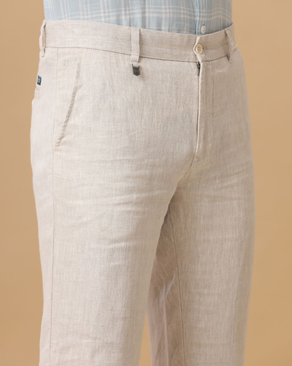 Linen Club Pure Linen Beige Solid Casual Trouser For Men