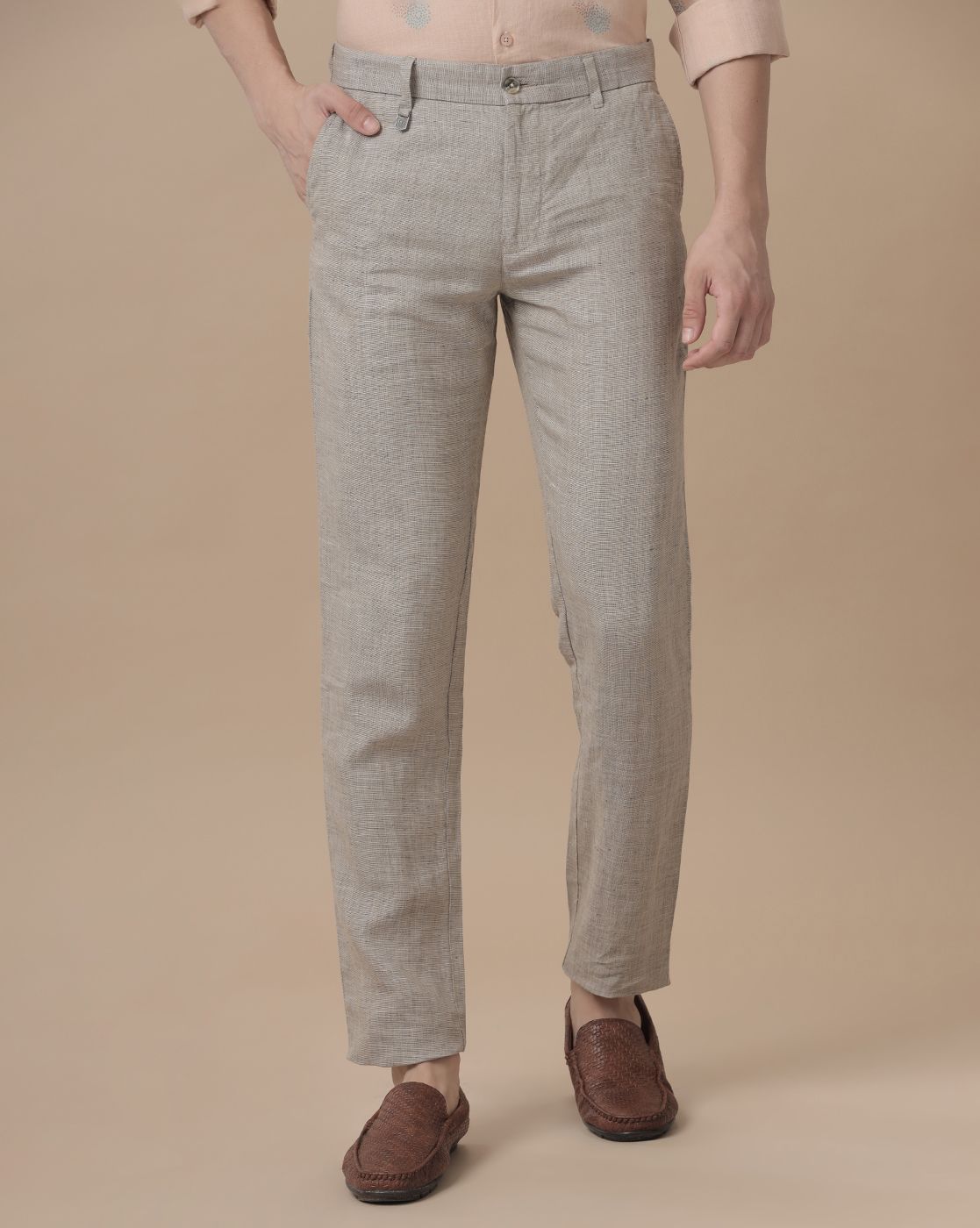 Linen Club Pure Linen Beige Solid Casual Trouser For Men