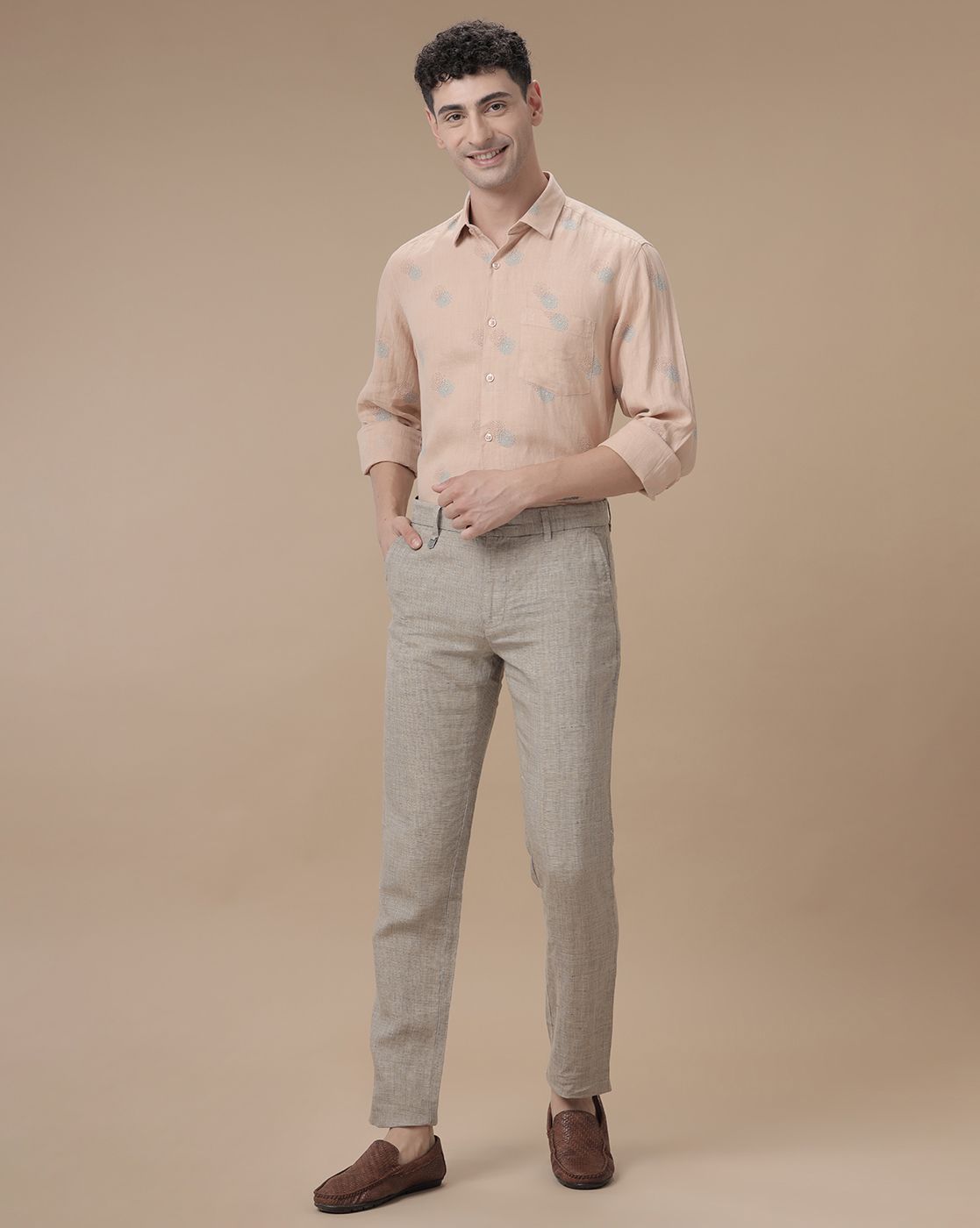 Linen Club Pure Linen Beige Solid Casual Trouser For Men