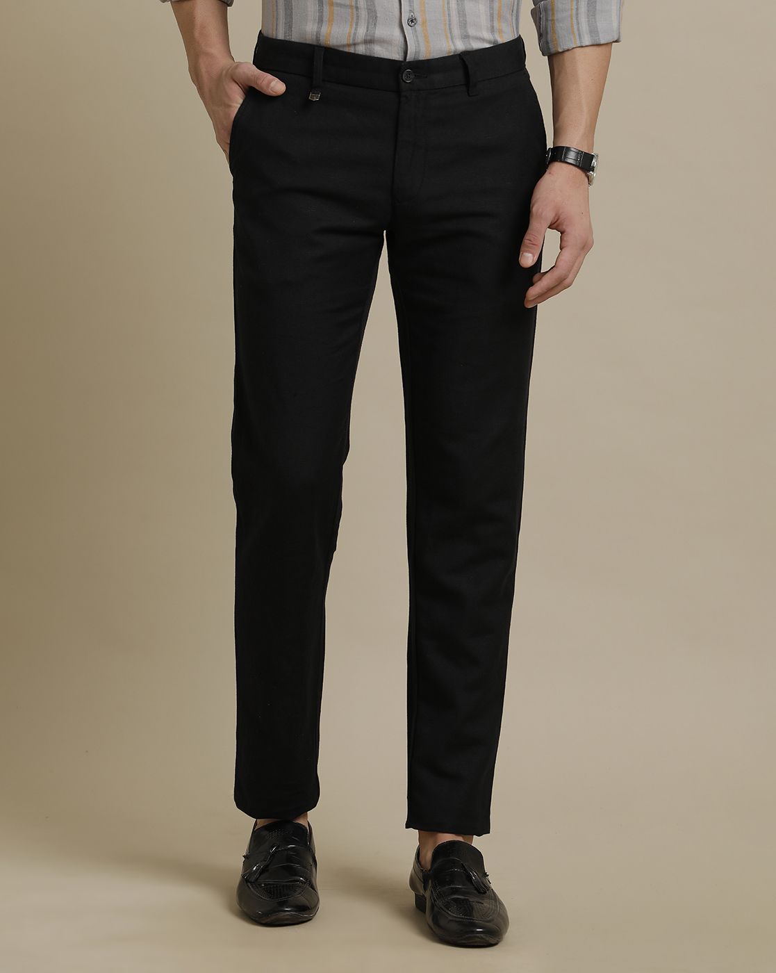 Linen Club Black Solid  Casual Trouser for men