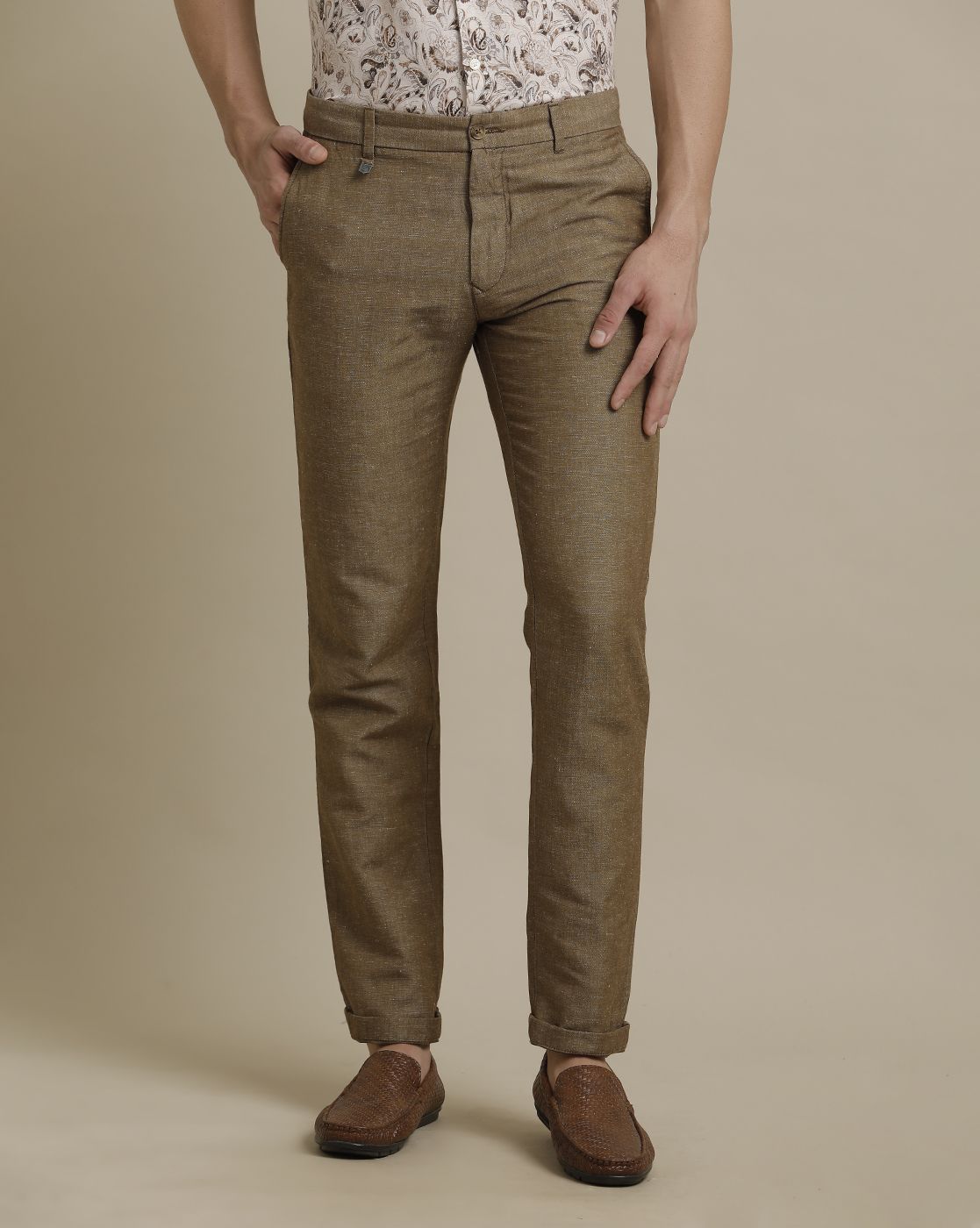 Linen Club Brown Solid  Casual Trouser for men