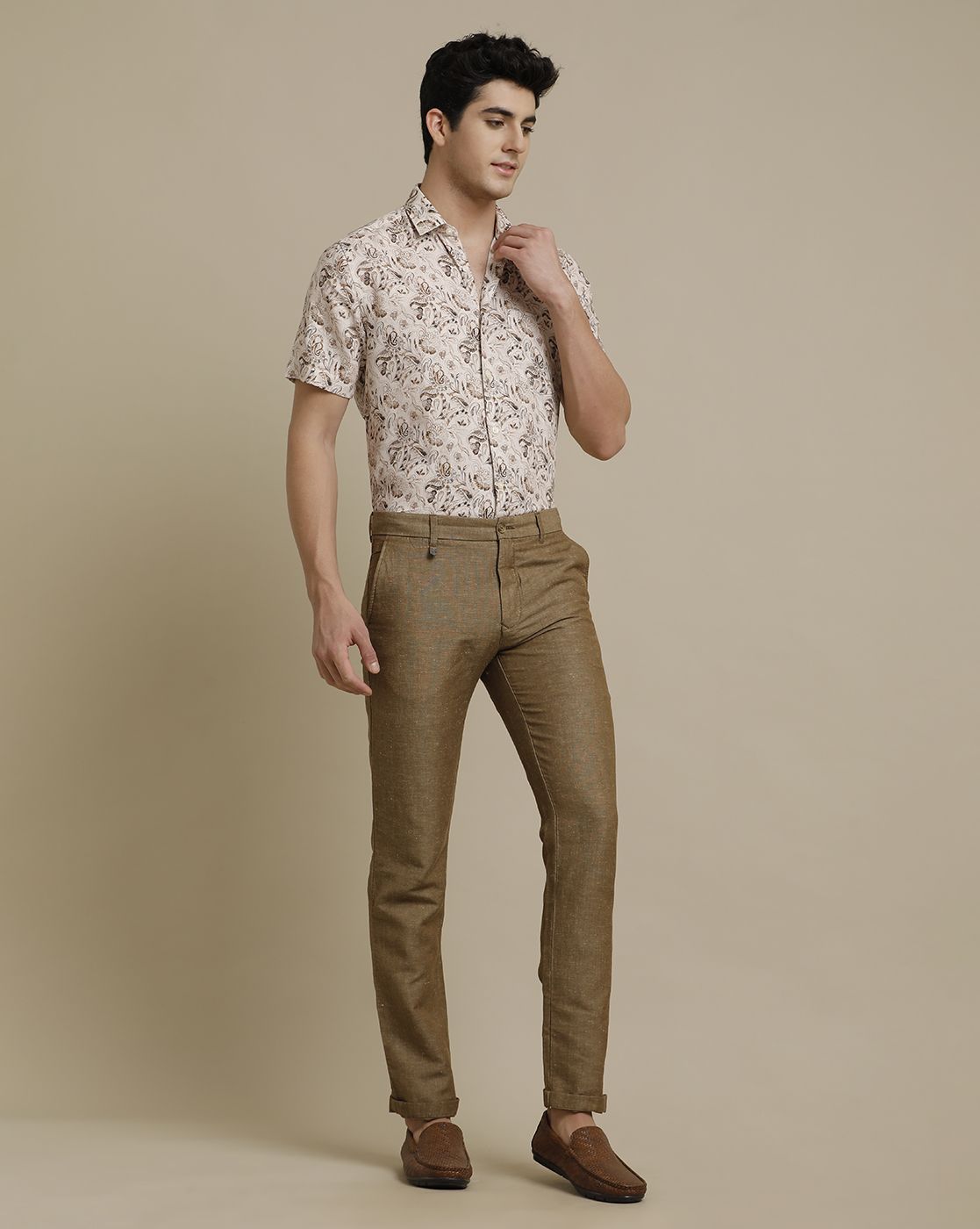 Linen Club Brown Solid  Casual Trouser for men