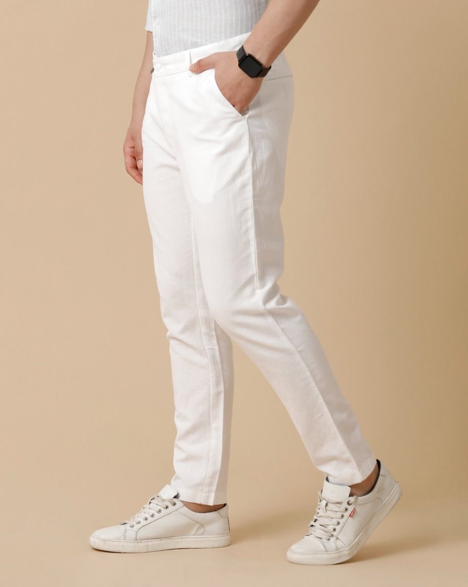 Linen Club White Solid Casual Trouser for men