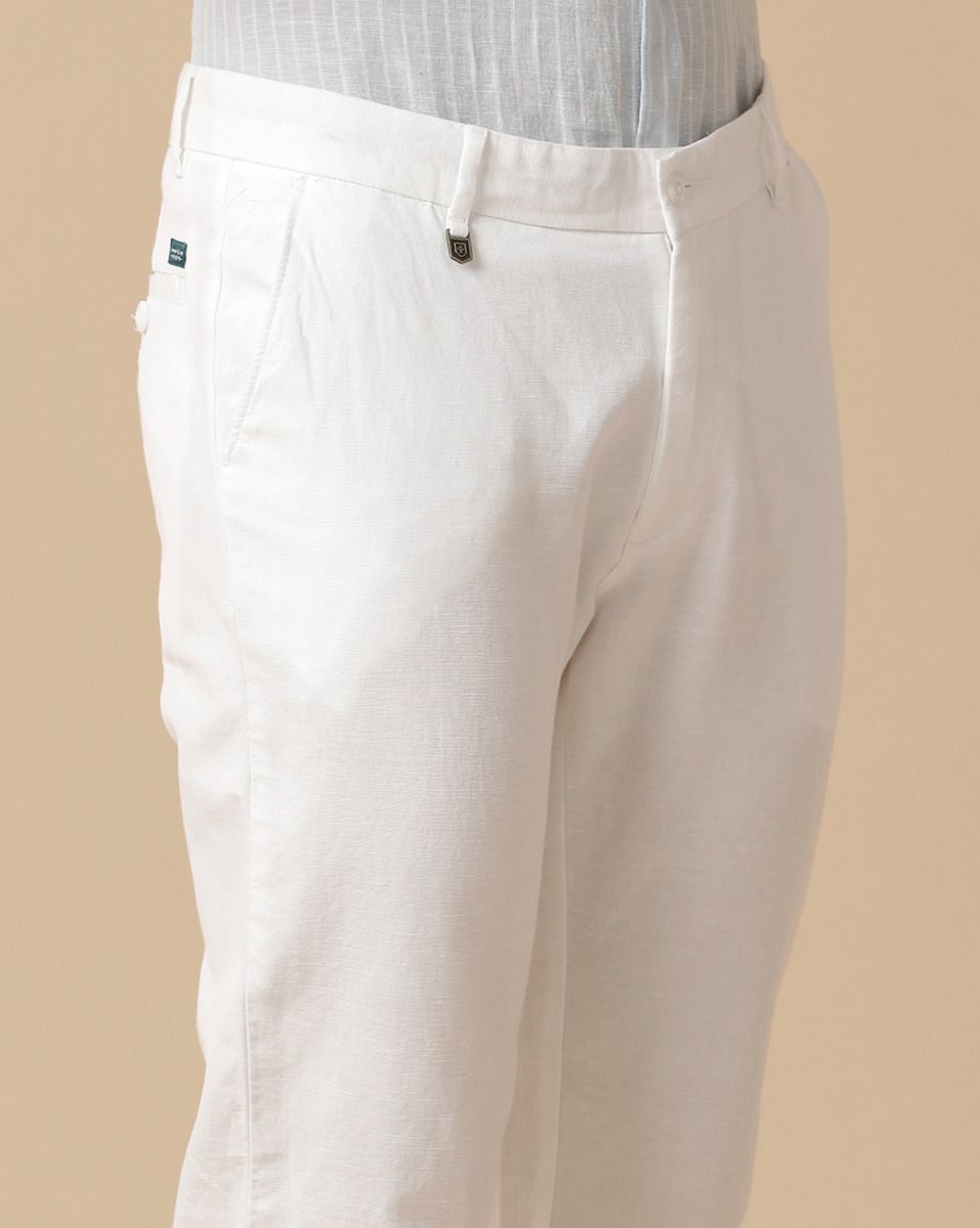 Linen Club White Solid Casual Trouser for men