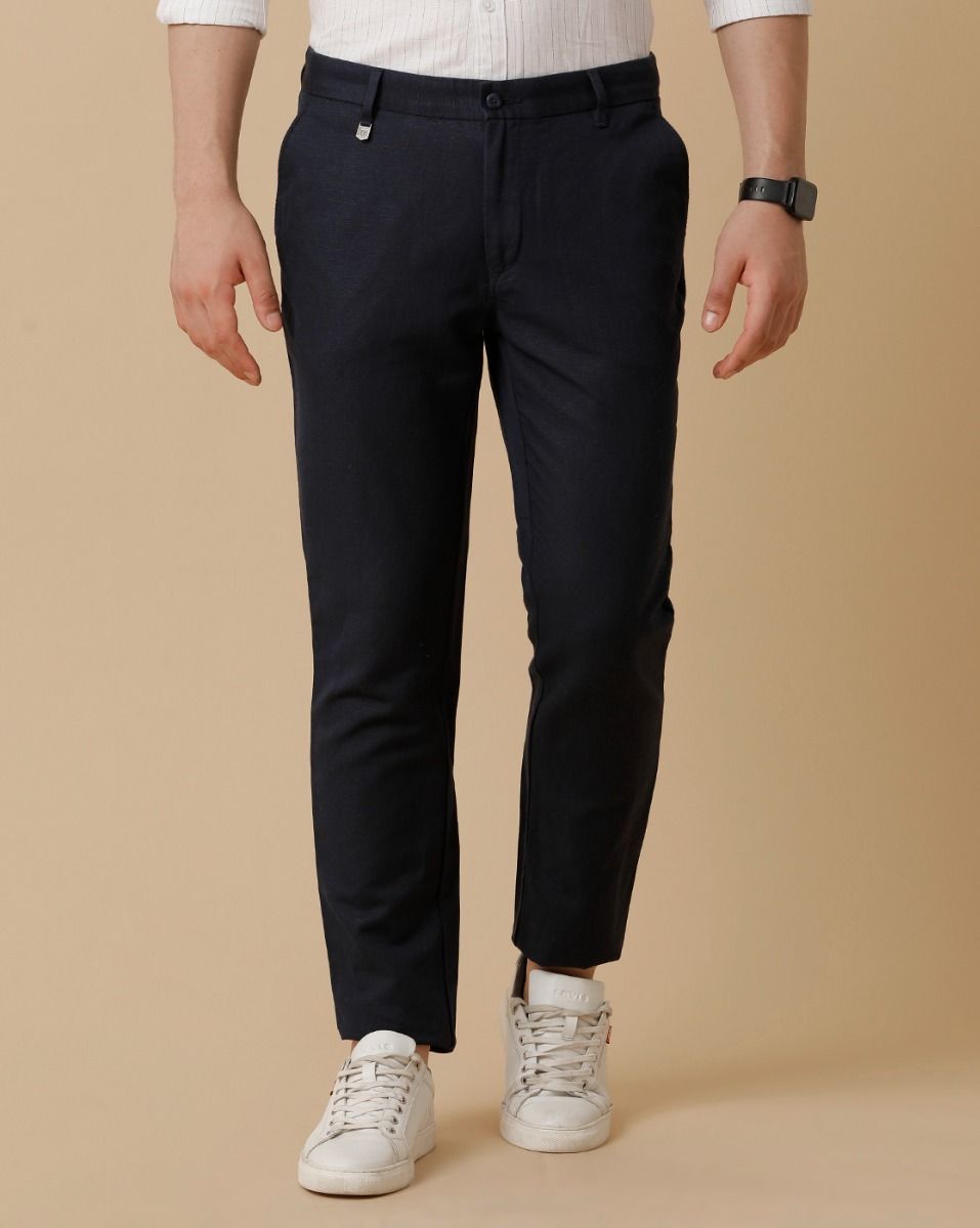 Linen Club Navy Solid Casual Trouser for men