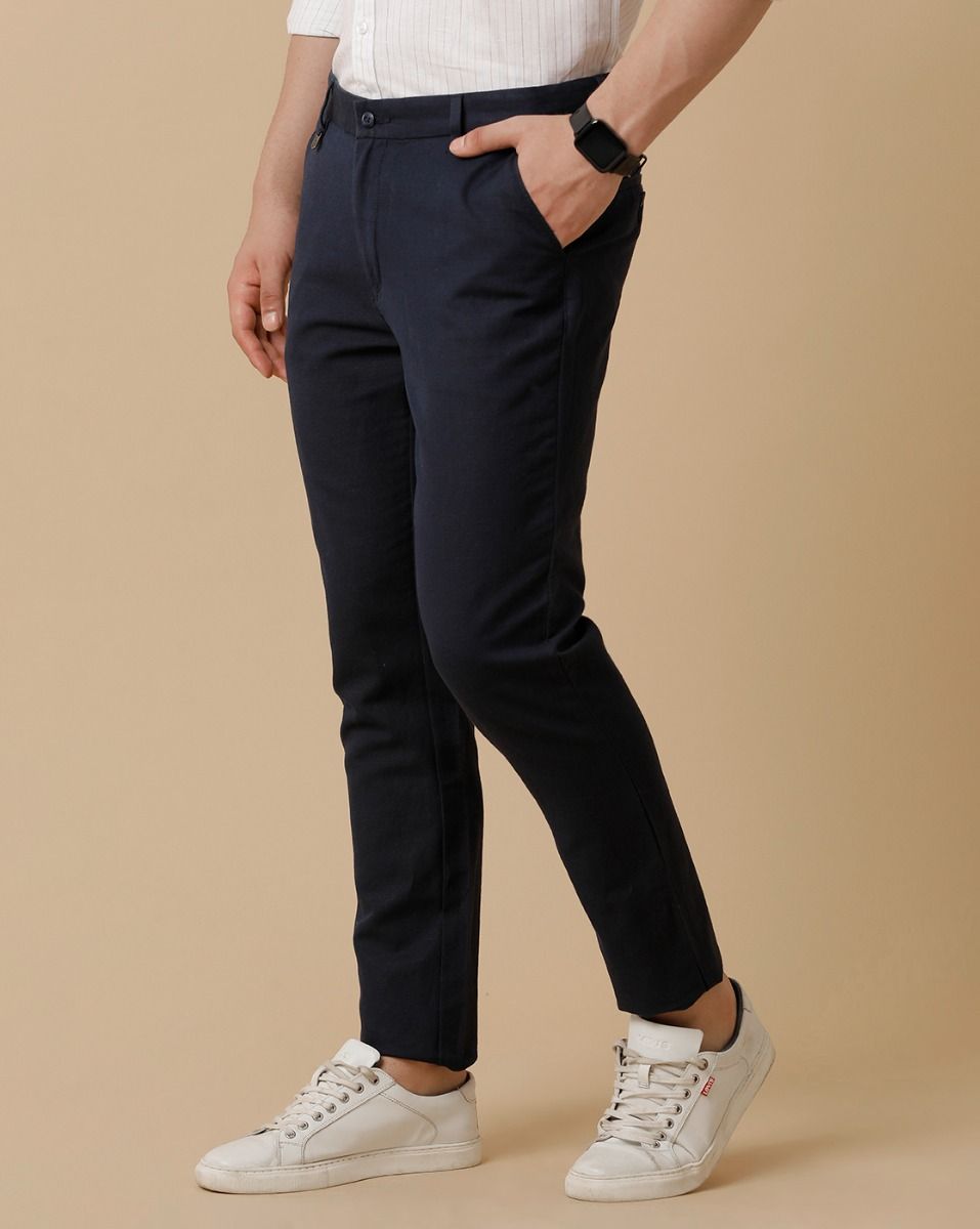 Linen Club Navy Solid Casual Trouser for men