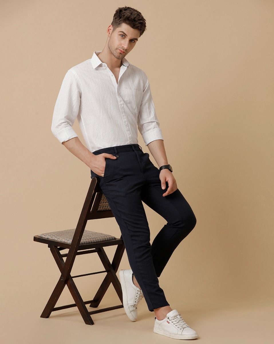 Linen Club Navy Solid Casual Trouser for men