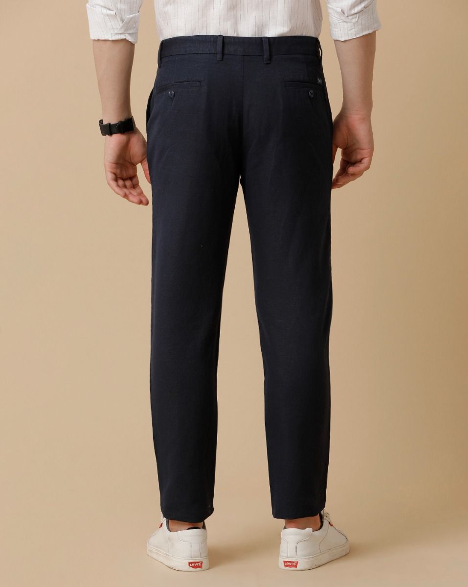 Linen Club Navy Solid Casual Trouser for men