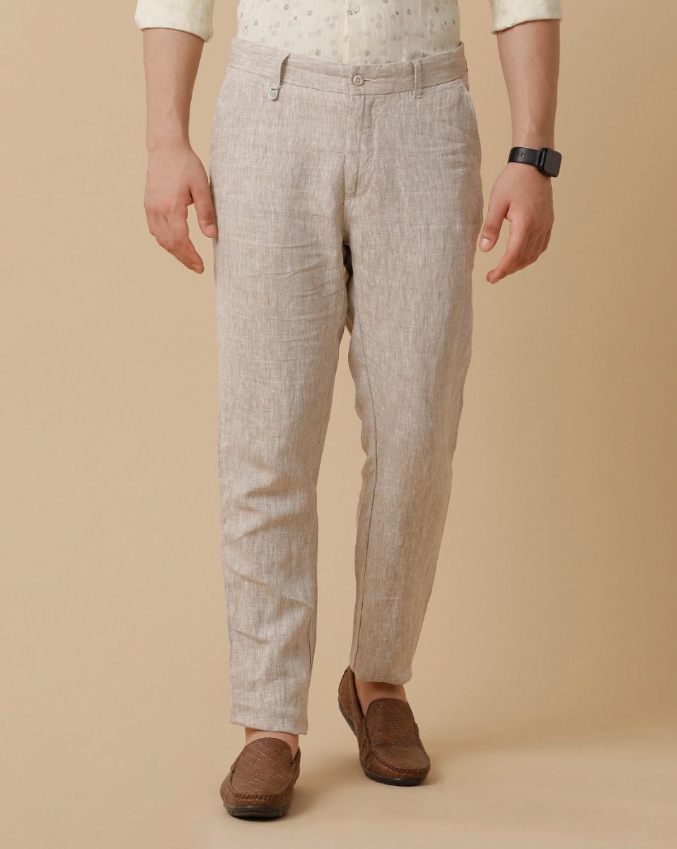 Linen Club Beige Solid Casual Trouser for men