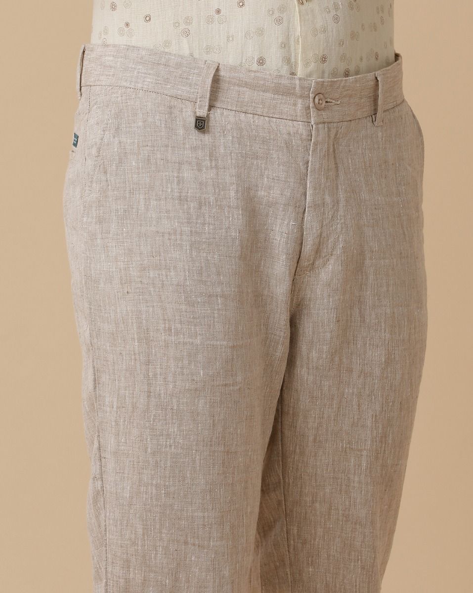 Linen Club Beige Solid Casual Trouser for men