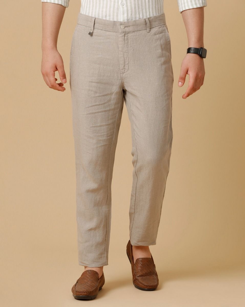 Linen Club Beige Solid Casual Trouser for men