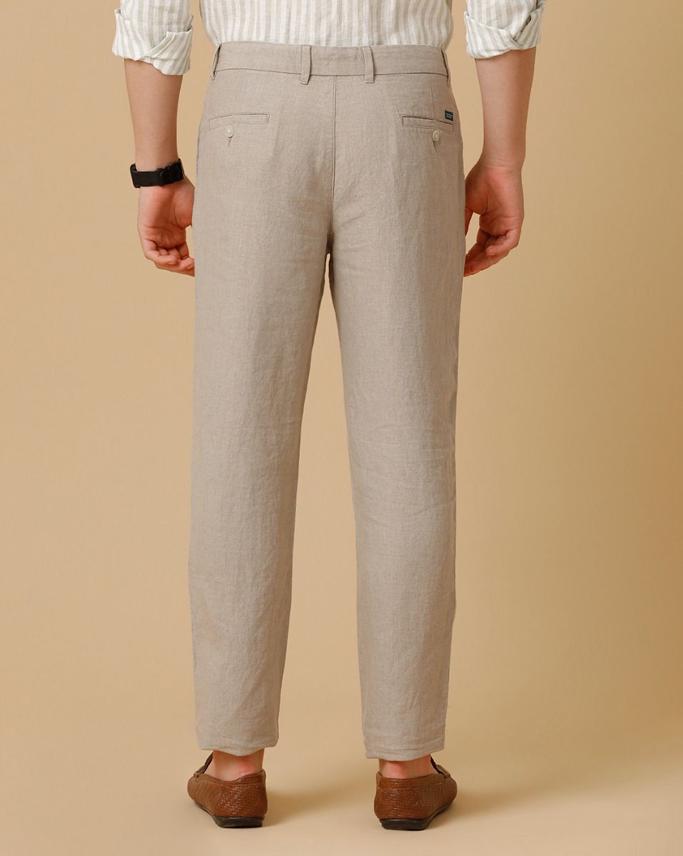 Linen Club Beige Solid Casual Trouser for men