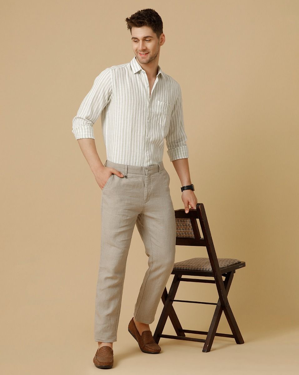 Linen Club Beige Solid Casual Trouser for men