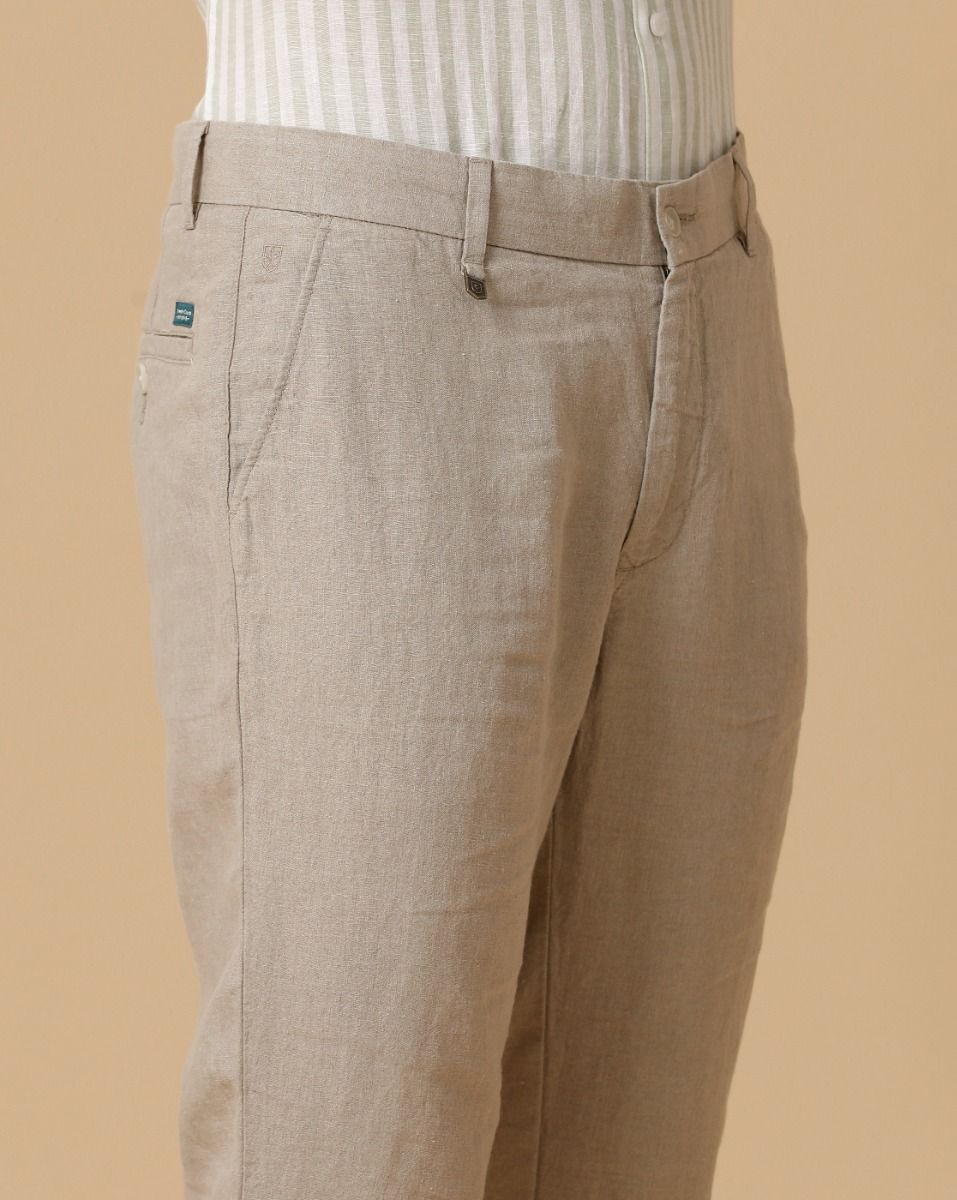 Linen Club Beige Solid Casual Trouser for men