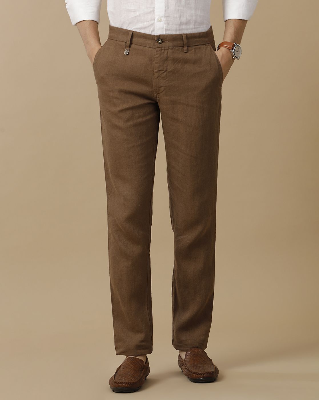 Mens Linen Brown Solid Contemporary Fit Casual Trousers Mens Linen Brown Solid Contemporary Fit Casual Trousers