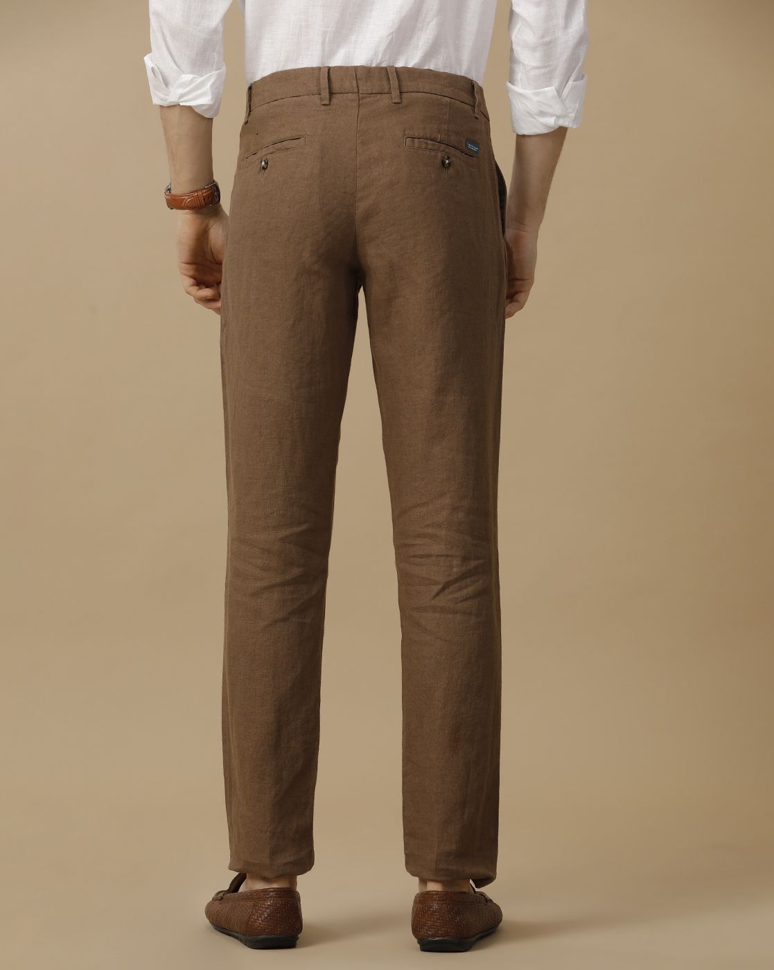 Mens Linen Brown Solid Contemporary Fit Casual Trousers