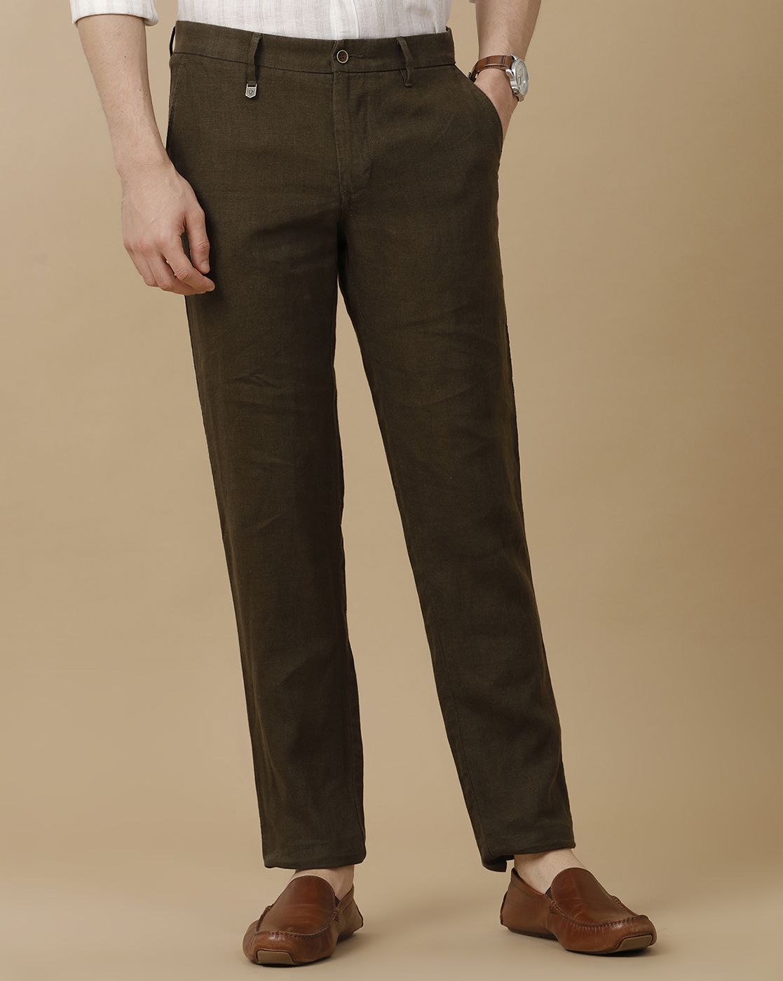 Mens Linen Brown Solid Contemporary Fit Casual Trousers