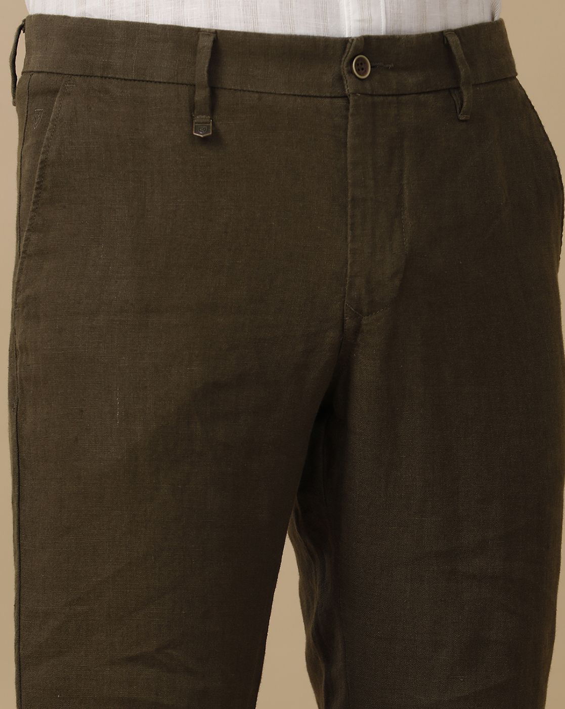 Mens Linen Brown Solid Contemporary Fit Casual Trousers