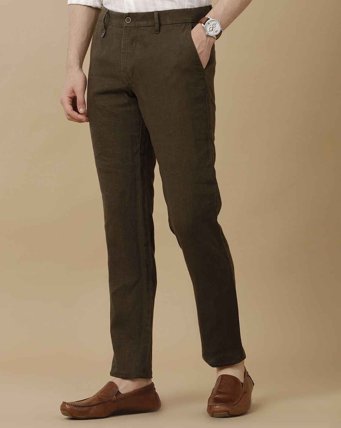 Mens Linen Brown Solid Contemporary Fit Casual Trousers