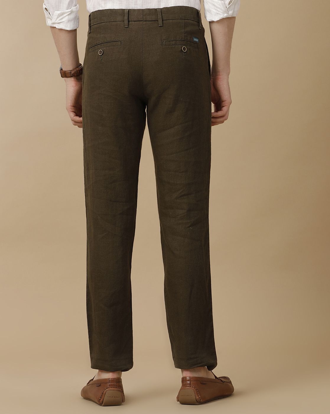 Mens Linen Brown Solid Contemporary Fit Casual Trousers