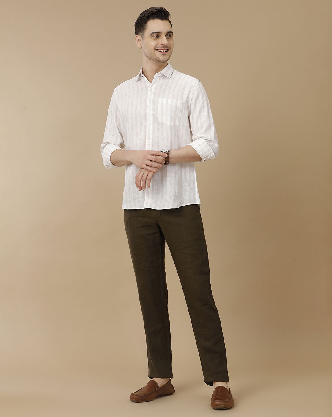 Mens Linen Brown Solid Contemporary Fit Casual Trousers