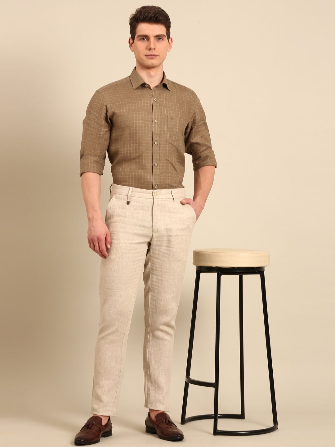 Linen Club Men's Pure Linen Natural Solid Contemporary Fit Casual Trouser